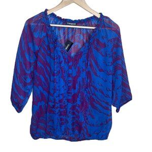 𝅺- Express Sheer Blue & Purple 3/4 Sleeve Zebra V-Neck Blouse NWT